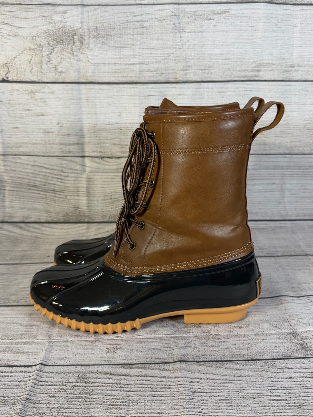 Sporto Ariel Womens 9.5M Duck Boots Tan Black Faux Fur Lined Lace Up Winter Rain